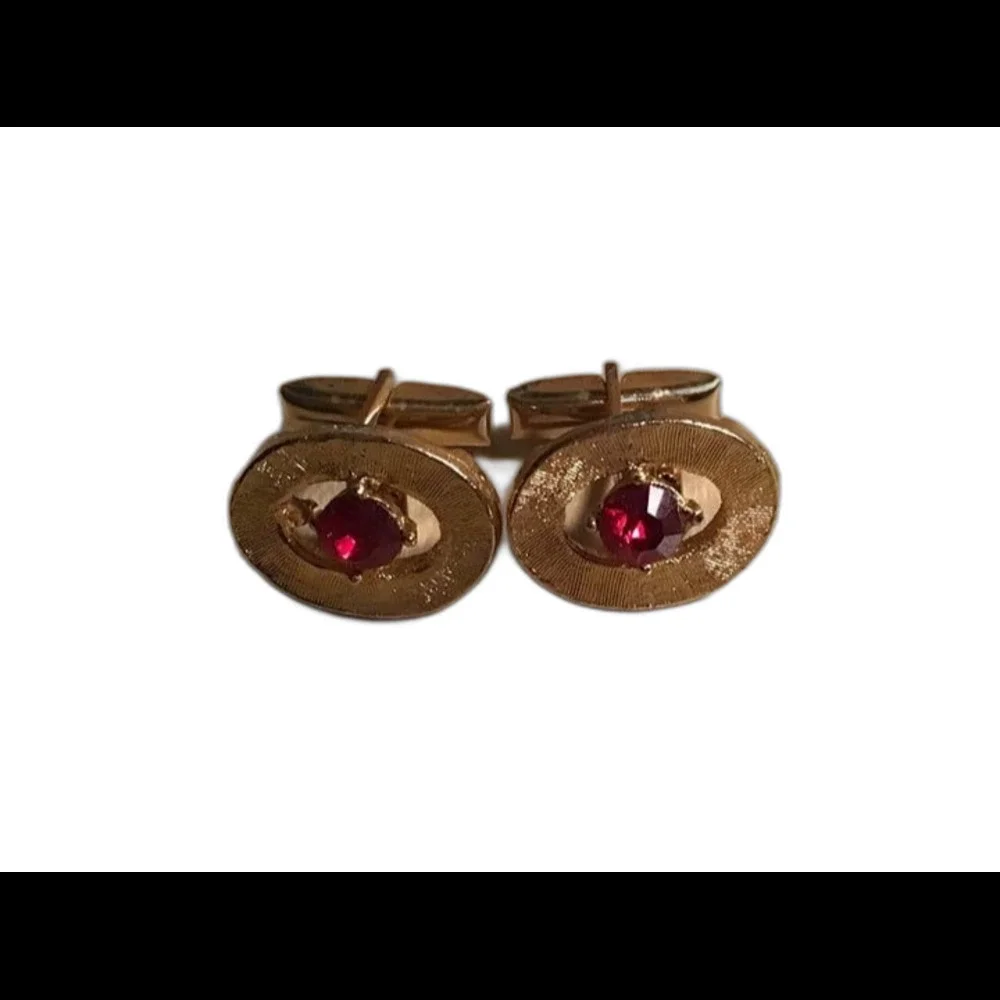 Vintage Mid Century Gold Tone Oval Cufflinks - Ruby Red Rhinestone Stone MCM